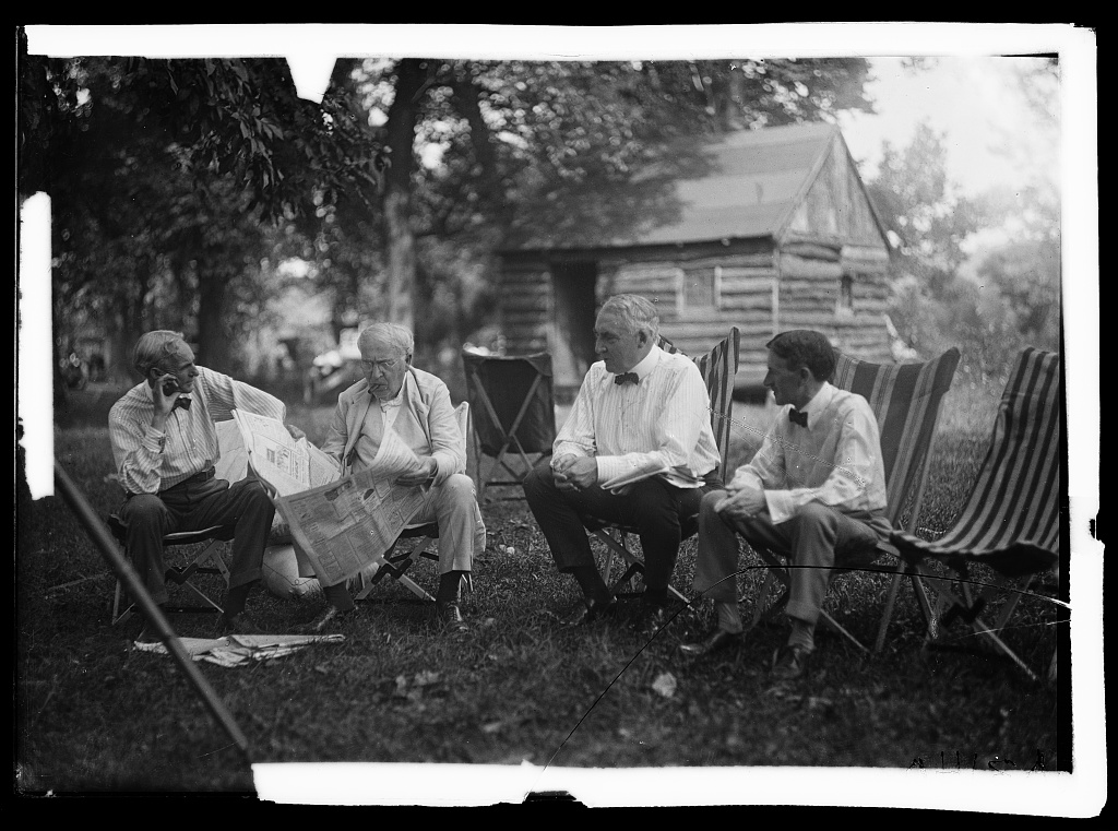Henry Ford_ Thomas Edison_ Warren Harding and Harvey Firestone near cabin_ Firestone camp
